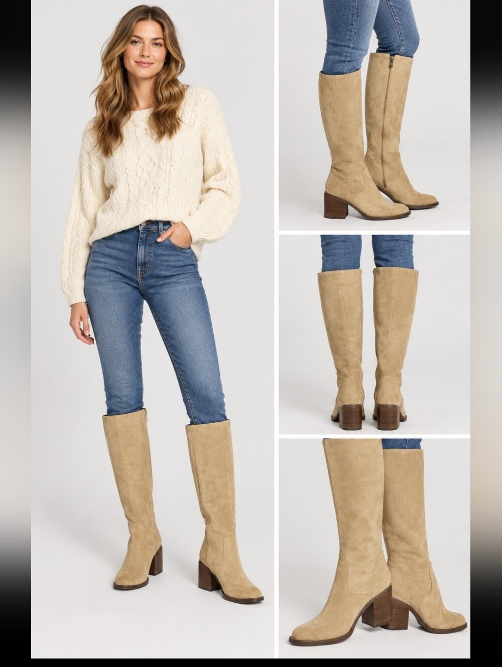 Born Thea Suede Knee High Heeled Boots Natural Dijon Tan Size 36 37 / US 6 6.5